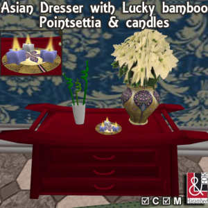Asian Dresser with Lucky bamboo, Pointsettia & candles PIC